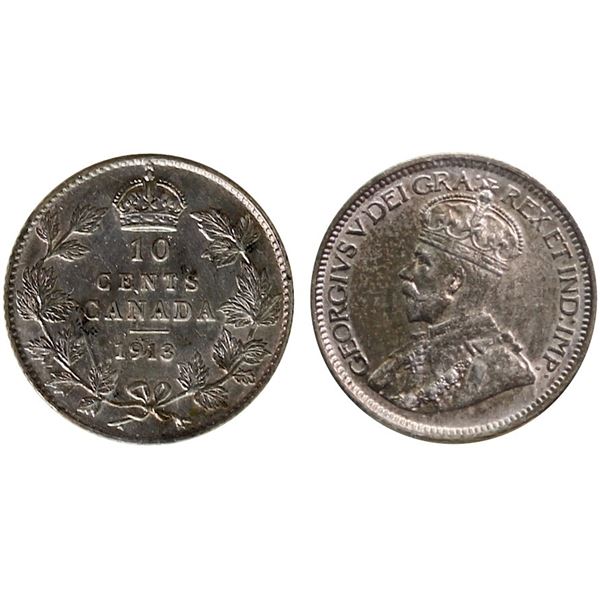 1913 10¢ "Broad Leaves"  ICCS About Uncirculated-50.  Lustrous with very light gold and russet tones