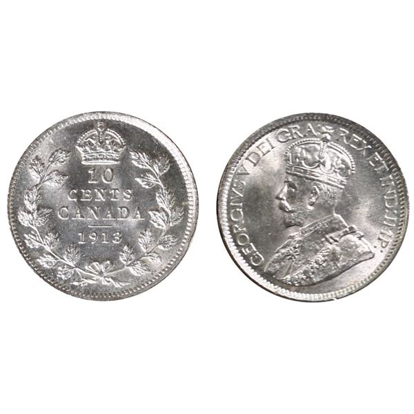 1913 10¢ "Small Leaves" ICCS Gem Mint State-65  Blast white example.  Attractive and extremely flash