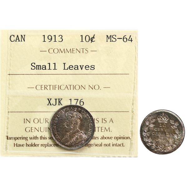 1913 10¢ "Small Leaves" ICCS Choice Mint State-64.  Lightly toned.