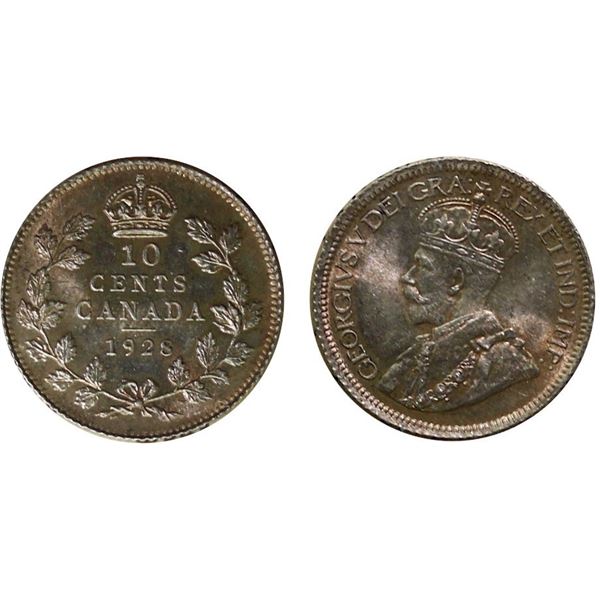 1928 10¢ ICCS Superb Gem Mint State-66, Delicate pink and russet shades over full underlying lustre.