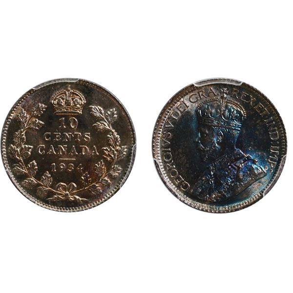 1934 10¢ PCGS Superb Gem Mint State-66, Lots of lustre with blue, green,  russet and golden hues.