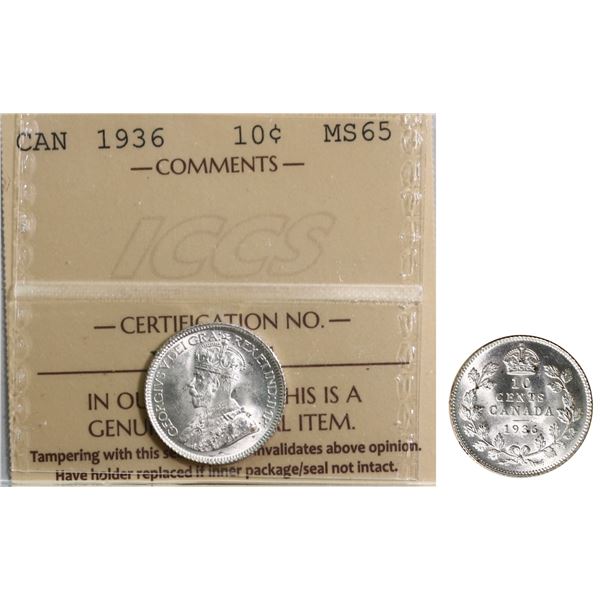 1936 10¢ ICCS Gem Mint State-65.  Blast white example.