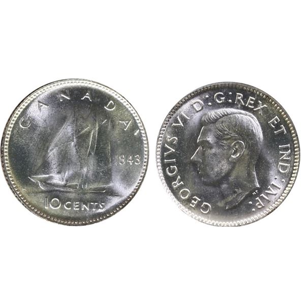 1943 10¢ "Dbl 19" ICCS Gem Mint State-65. A superbly lustrous example of an unlisted variety, an exc