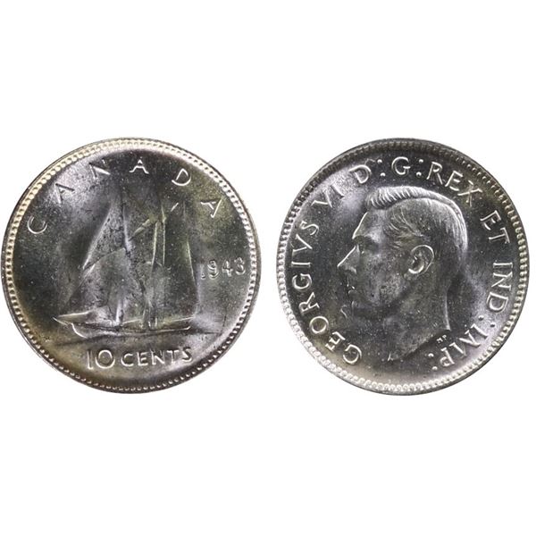 1943 10¢ "Dbl 1943" ICCS Gem Mint State-65. A truly impressive example with a fully doubled date, un