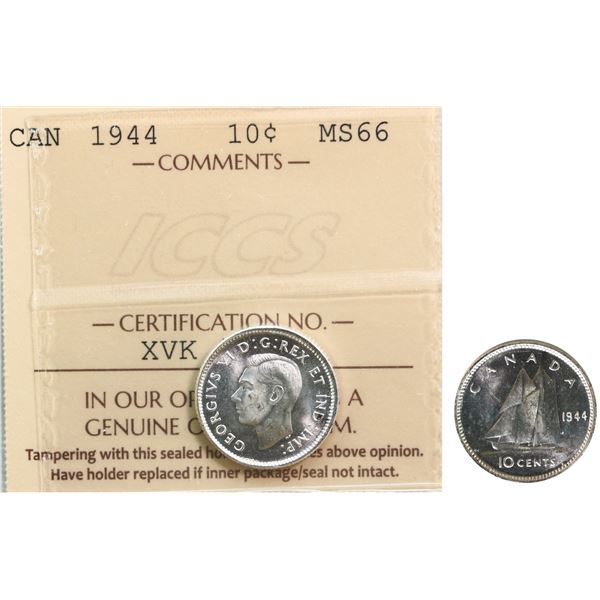 1944 10¢ ICCS Superb Gem Mint State-66 Blast white example.  Flashy!