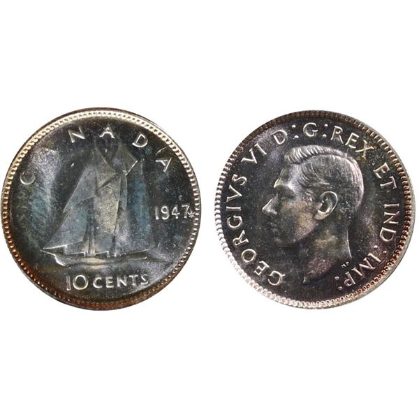 1947 10¢ "Maple Leaf, DBL 194" ICCS Superb Gem Mint State-66. A finest known example with the popula