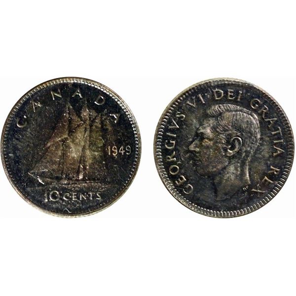 1949 10¢ "Dbl 19" ICCS Gem Mint State-65, Intense shades over full underlying lustre.  A very intere