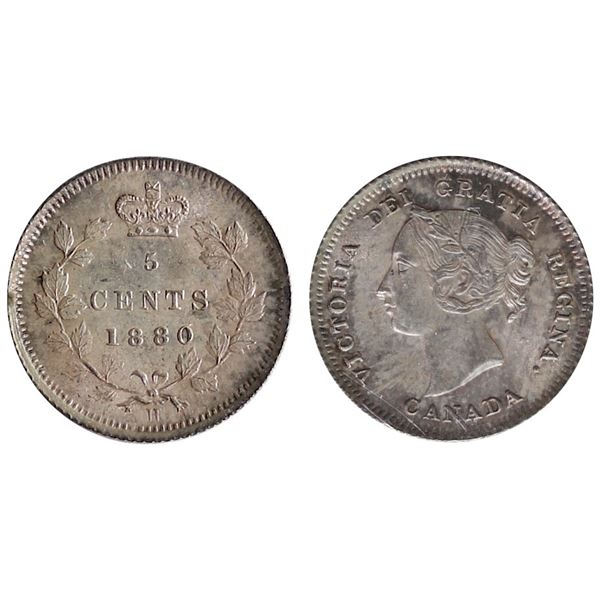 1880H 5¢ "Obv.3 - Error H" ICCS Gem Mint State-65.  Light silver and russet tones over full underlyi