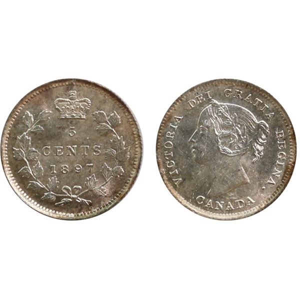 1897 5¢ "Wide 8" ICCS Gem Mint State-65 Brilliant and lustrous with just a touch of golden tone.