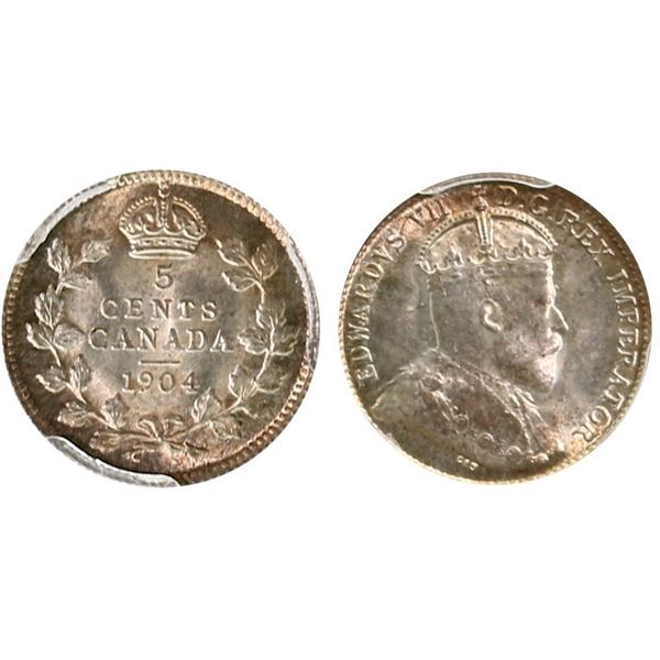 1904 5¢ PCGS Superb Gem Mint State-66+ Ex. Great lustre with spectacular colours.  An amazing exampl