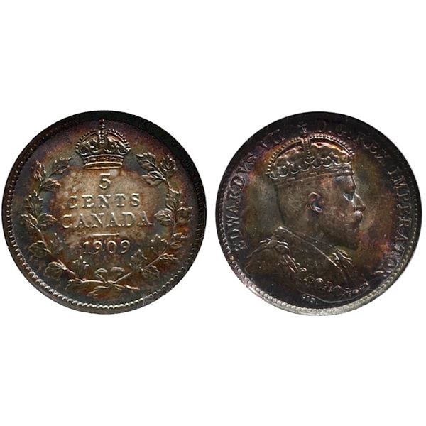 1909 5¢ "Round Leaves" NGC Superb Gem Mint State-67.  Intense rainbow tones over full underlying lus