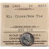 Image 2 : 1909 5¢ "RL; Cross Bow Tie" ICCS Choice Mint State-63  Lustrous with lifgt gold, green and russet to