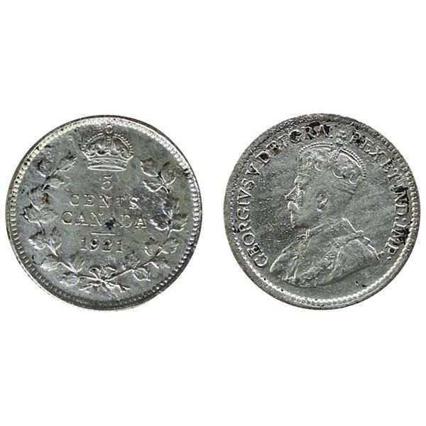 1921 5¢ ICCS Fine-12 with issues.  "The Prince of Canadian Coins" Brilliant example with strong deta