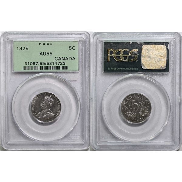 1925 5¢ PCGS Choice About Uncirculated-55.  A Nice and lustrous key issue.