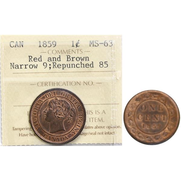 1859 1¢ "Narrow 9- Repunched 85" ICCS Choice Mint State-63 RB