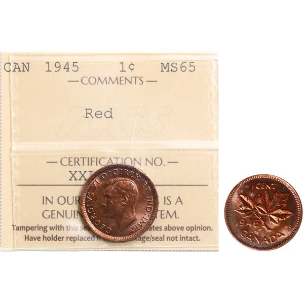 1945 1¢ ICCS Gem Mint State-65 Red 95% Red Lustre.