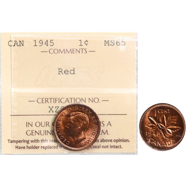 1945 1¢ ICCS Gem Mint State-65 red. Nice wine red example.
