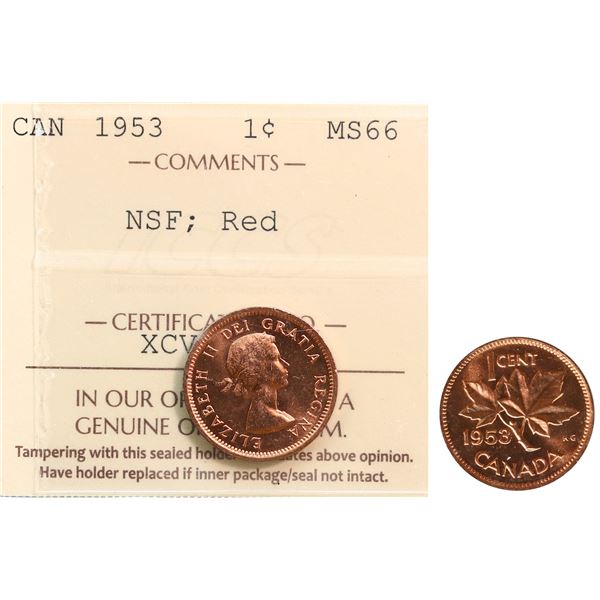 1953 1¢ "NSF" ICCS Superb Gem Mint State-66 Full Red.  A similar example sold at the prominence XII 