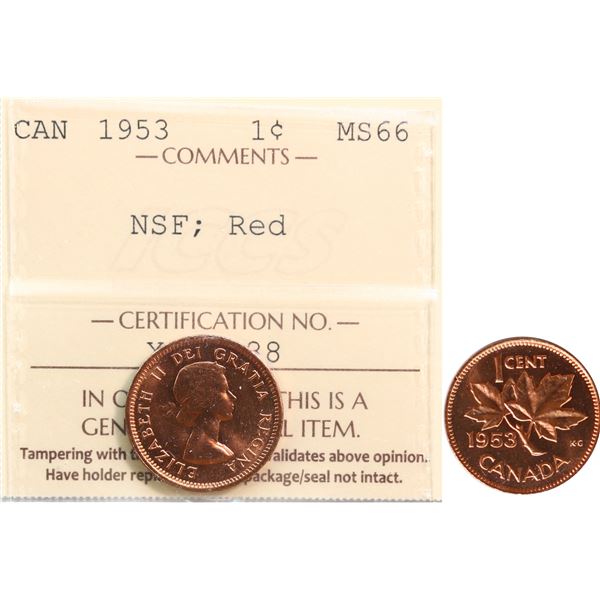 1953 1¢ "NSF" ICCS Superb Gem Mint State-66 Full Red.  A similar example sold at the prominence XII 