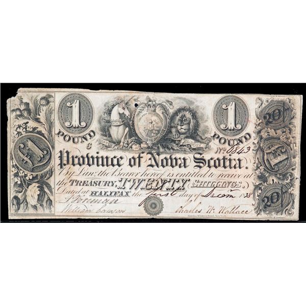Province of Nova Scotia Treasury Note, dated 1 December 1838 £1 - (20 Shillings) NS-21 #6843 Plate "