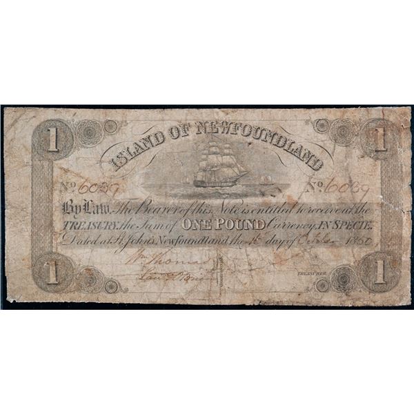 NFLD - TREASURY NOTE - 1850 1£ - NF-1a St.John's, Newfoundland #6039 PMG Fine-12 with issues. Remain