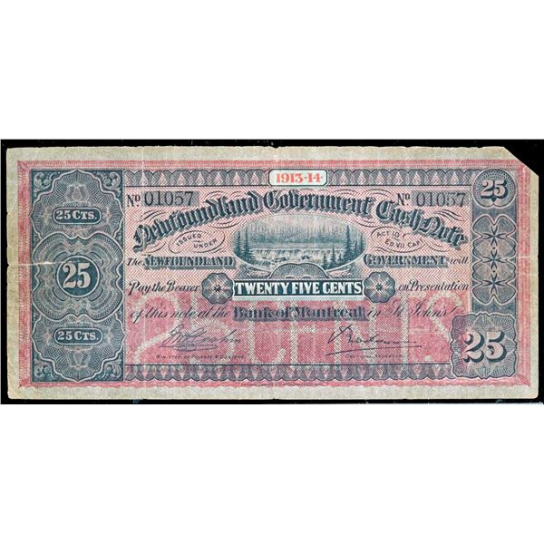 Newfoundland 1913-14 25¢ NF-7d Cash Note #01057, Legacy Very Fine-20 with minor issues.