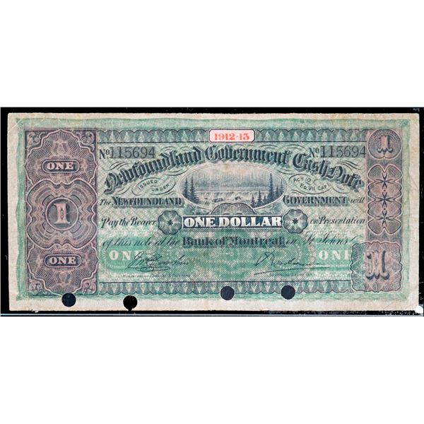 Newfoundland 1912-13 $1 NF-9c Cash Note #115694, Legacy Choice Fine-15 Hole Punch Cancelled with min