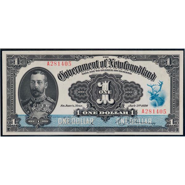 Newfoundland 1920 $1#A281405 NF-12d Legacy Choice About Uncirculated-53.  A very bright example with