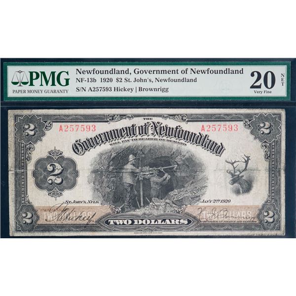 Newfoundland 1920 $2 NF-13b #A257593, PMG Very Fine-20 Net with minor issues.