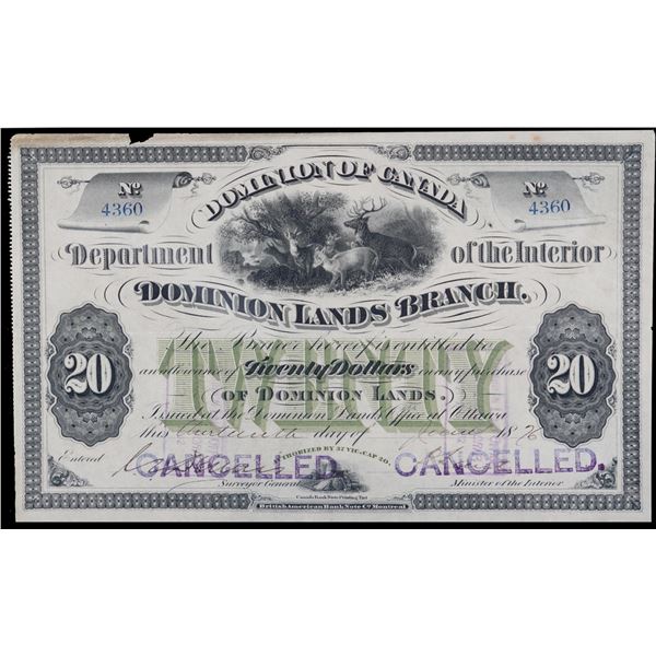 Dominion of Canada Department of the Interior Dominion Lands Branch The Bearer hereof is entitled to