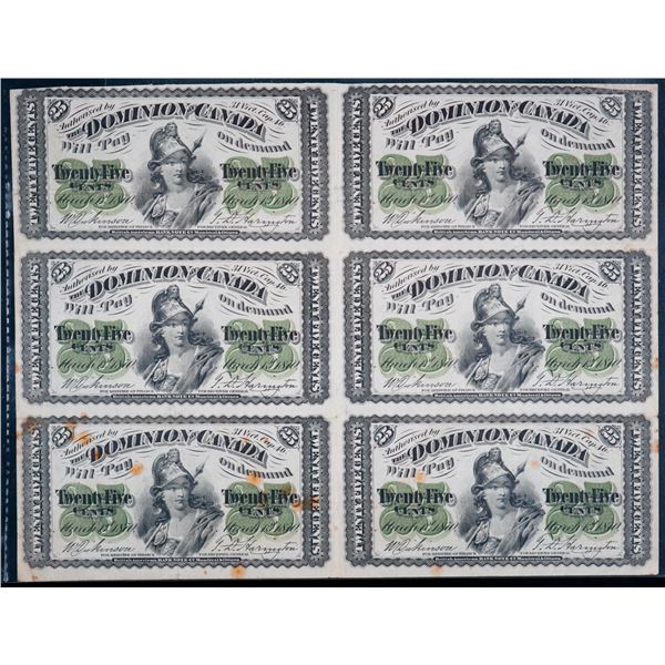 1870 25¢ "Shinplasters" DC-1c "Plain series" - Uncut sheet of 6 notes with stains on back.  Rarely s
