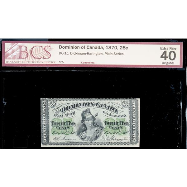 1870 25¢ "Shinplaster" DC-1c, "Plain series" BCS Extra Fine Original.