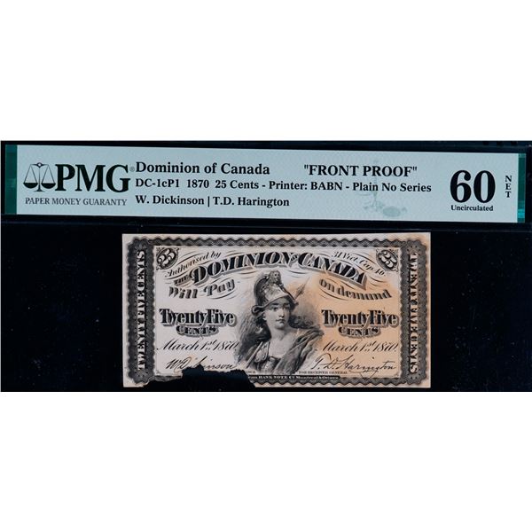 1870 25¢ "Shinplaster" - DC-1cP1 "Plain series" FRONT PROOF - PMG Uncirculated-60 with issues.  Proo