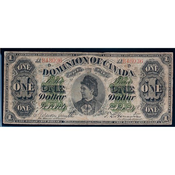 1878 $1 DC-8f-i #A848036 "Payable at Toronto" A nice about Fine