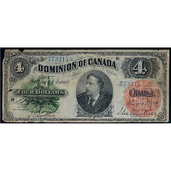 1882 $4 DC-10 #273215 Legacy Very Fine-20 with minor border issues.  Popular and sought-after bankno