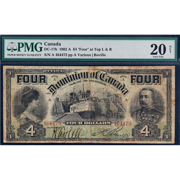 1902 $4 DC-17b #464473 PMG Very Fine-20 with issues. "Boville "FOUR on top"