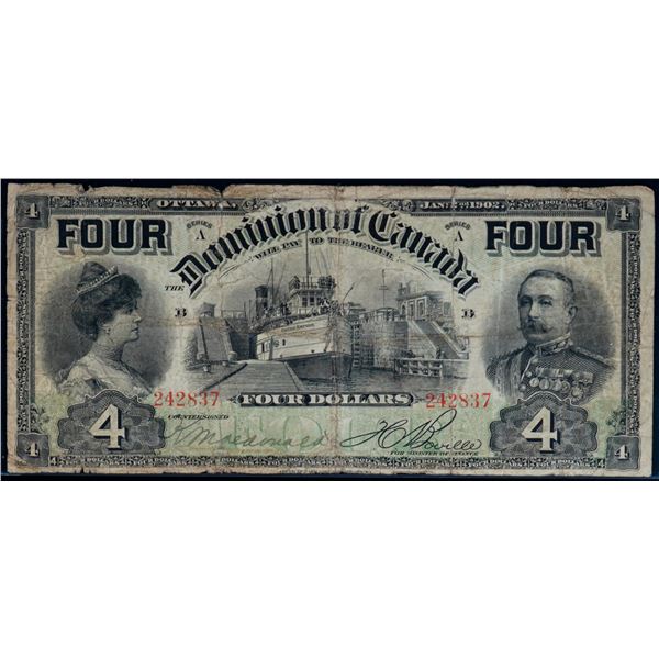 1902 $5 DC-17b #242837, Legacy Very Fine-20 with small edge splits. "Boville "FOUR on top"