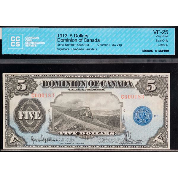 1912 $5 DC-21g #C600183 Hyndman-Saunders "Seal Only" CCCS Choice Very Fine-25
