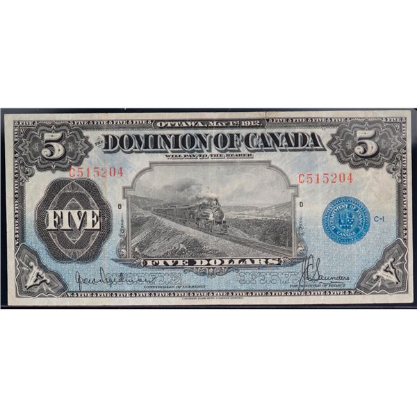 1912 $5 DC-21g #C515204 Hyndman-Saunders "Seal Only" VF with small tear at top.