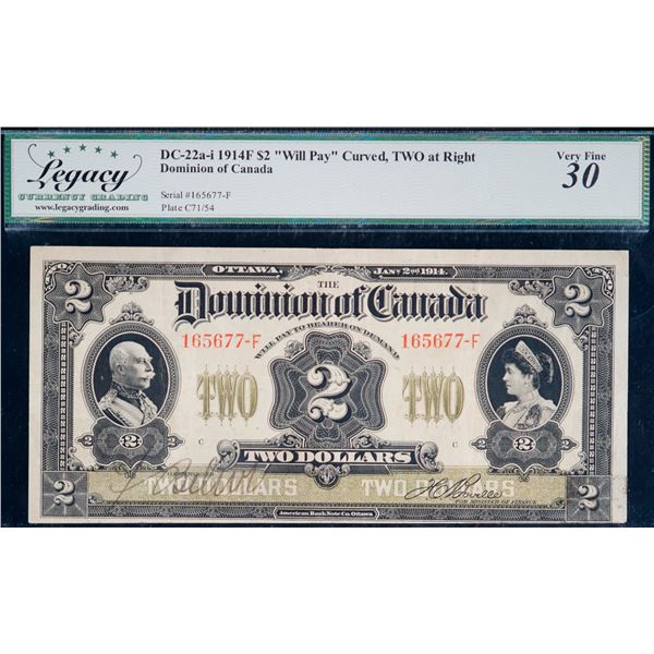 1914 $2 DC-22a-i #165677-F, Legacy Choice Very Fine-30 with minor issues.