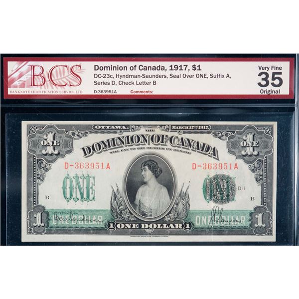 1917 $1 DC-23c #D-363951A BCS Choice Very Fine-35.  A very nice and bright example.