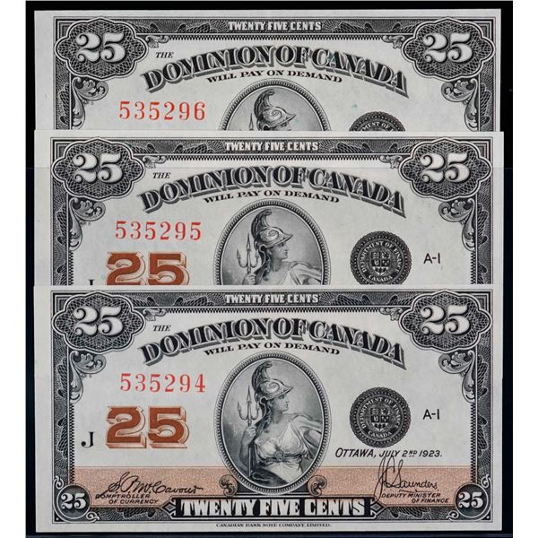 1923  25¢ "Shinplaster" DC-24c #535294-395-296 "Letter J - McCavours" Lot of 3 consecutive notes Cri