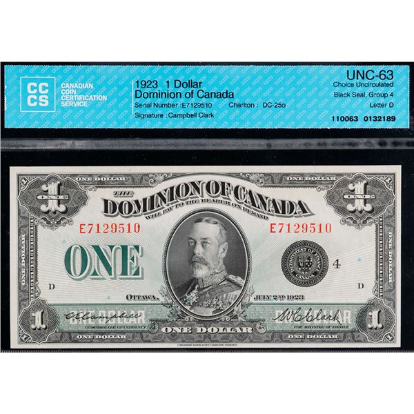 1923 $1 DC-25o #E7129510 black seal, group 4 letter D CCCS Choice Uncirculated-63