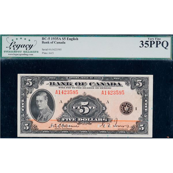 1935 $5 BC-5 #A1423595 Legacy Choice Very Fine-35PPQ.  A very nice and bright example.