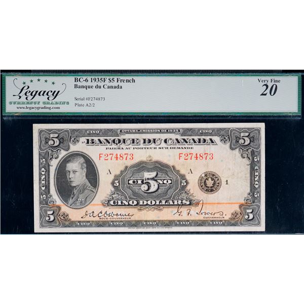 1935 $5 BC-6 #F274873, Legacy Very Fine-20 with minor issues.
