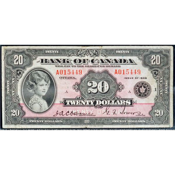 1935 $20 BC-9a "Large Seal" #A015449, Legacy Choice Very Fine-25 with minor issues.