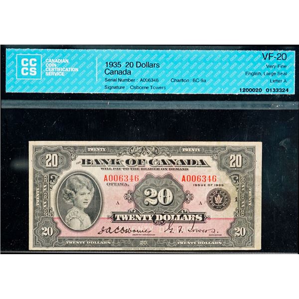1935 $20 BC-9a "Large Seal" #A006346 CCCS Very Fine-20