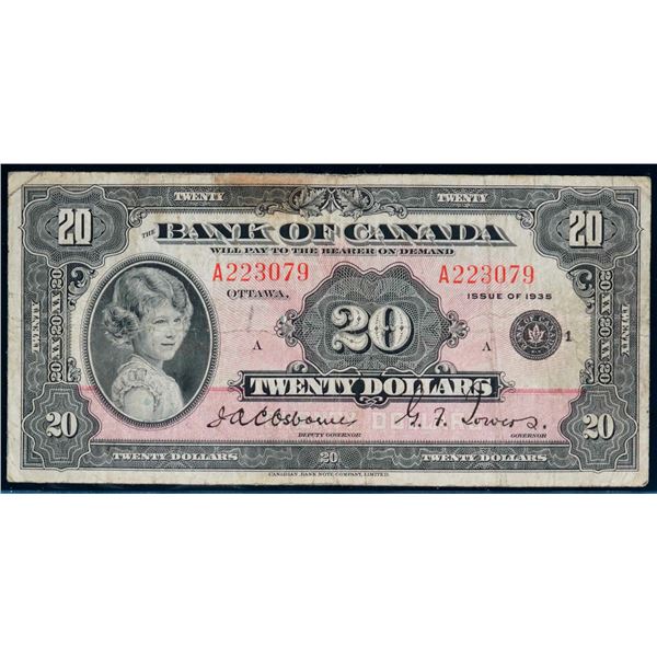 1935 $20 BC-9a "Large Seal" #A223079 Fine example.