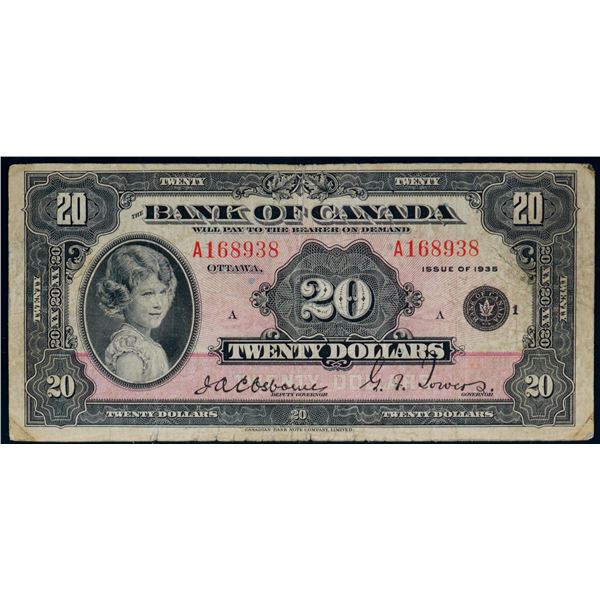 1935 $20 BC-9b "Small seal" #A168938 Fine or better.