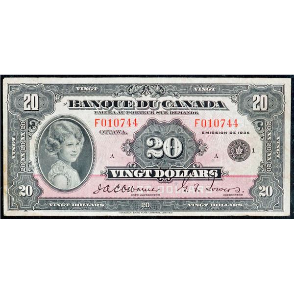 1935 $20 BC-10 #F010744, PMG Choice Very Fine-25.  Rare "French Text"